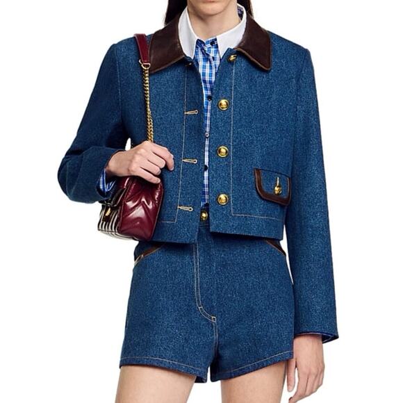 Sandro Denim Jacket with Leather Collar - Picture 2 of 16